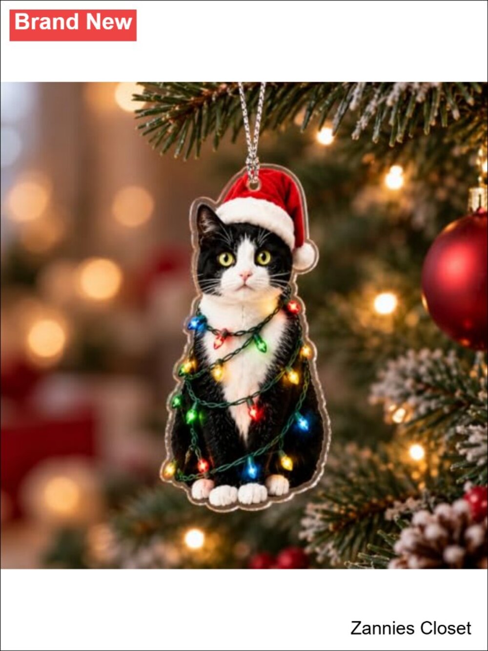 🎄 Tuxedo Cat Christmas Tree Ornament Acrylic Santa Hat Holiday Keepsake Gift
